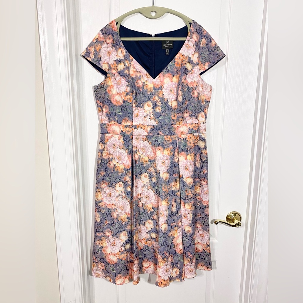 Adrianna Papell Floral Brocade Cap Sleeve A-Line Cocktail Dress Pink Navy Sz 12